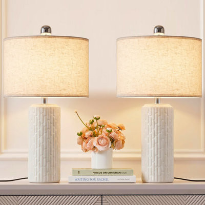 20.9" Modern Farmhouse Ceramic Table Lamps Set of 2, Boho White Washed Bedside Lamps with Fabric Shades for Bedroom, Living Room, End Table & Home Office