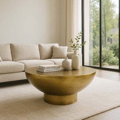 Modern Antique Brass Coffee Table, Orion 32 Inch Round Cocktail Table with Hammered Texture