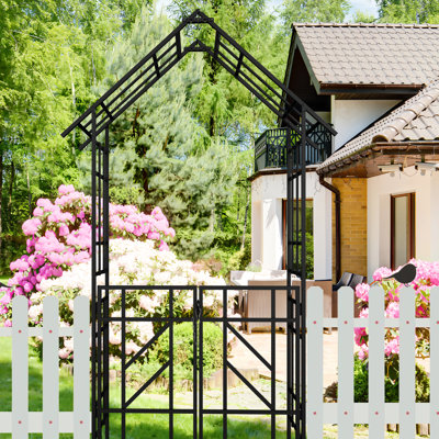 Outdoor Black Metal Garden Arch With Gate, Dimensions W58.07*H96.27, Suitable For Ivy And Jasmine, Galvanized Powder - Coated Rust Resistance, Pre Cut Easy Setup, Centerpiece Arch, , Vines, Tube,