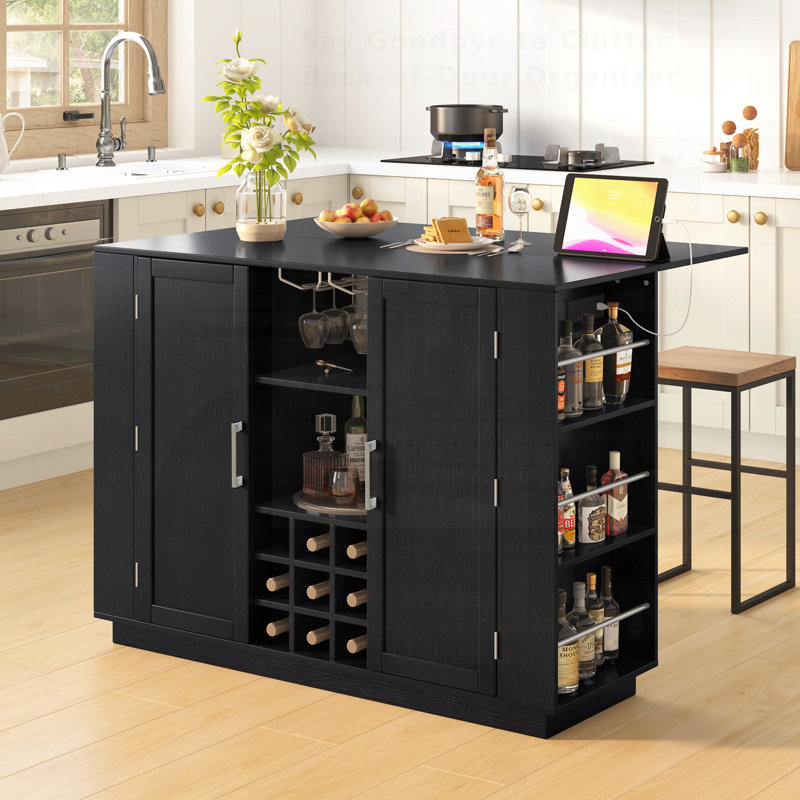 Versatile Kitchen Island With Drop Leaf, Power Outlet, Wine Bar, Bottle Rack, And Glass Holder, For Multi-Functional Use And Storage.