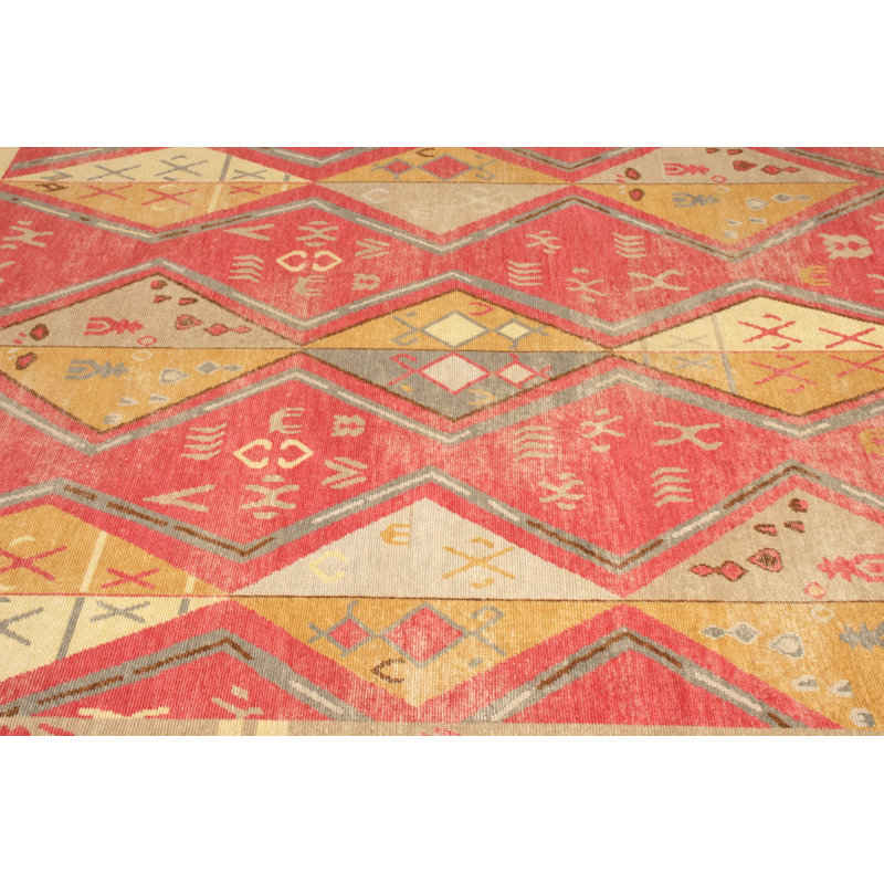 Hand-Knotted Moroccan Rug Red Gold Diamond Pattern, Rectangle 10' x 14'