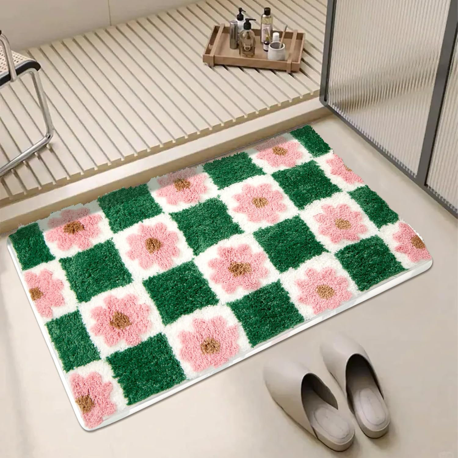 Red Barrel Studio® Cute Green Bathroom Rug Checkered Pink Floral Bath