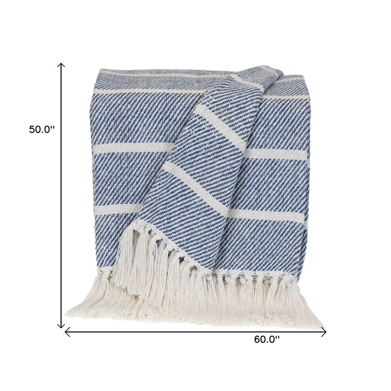 Jeté rayé en coton tissé bleu
