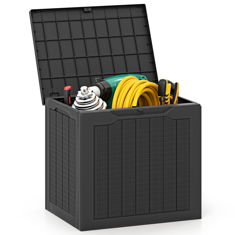 Boîte de rangement extérieure Gymax avec couvercle verrouillable et texture tissée en osier pour accessoires de piscine - noir