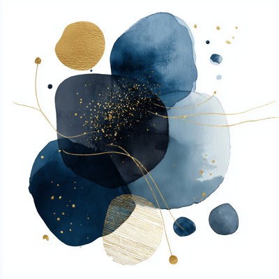 Abstrait bleu marine et aquarelle, formes sur toile tendue