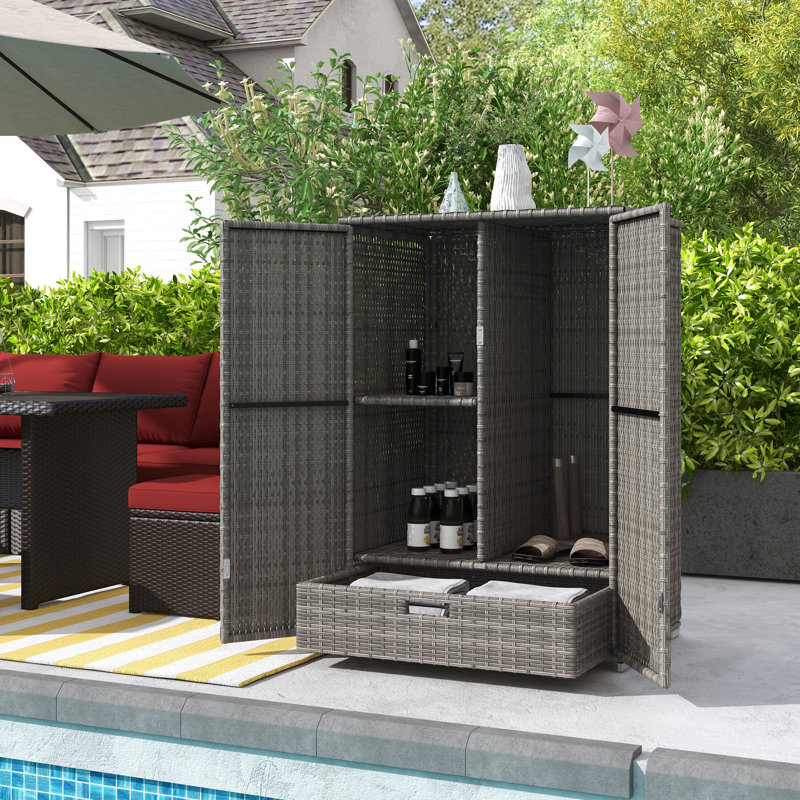 Outdoor Storage Cabinet With Shelves, Rattan Pool Towel Storage Cabinet With Removable Shelf & Drawer, Dark Gray