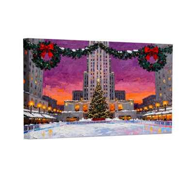 Paysage de Noël, arbre de Noël, patinoire, gratte-ciel, lumières, décorations, neige, ensemble de 3 impressions sur toile