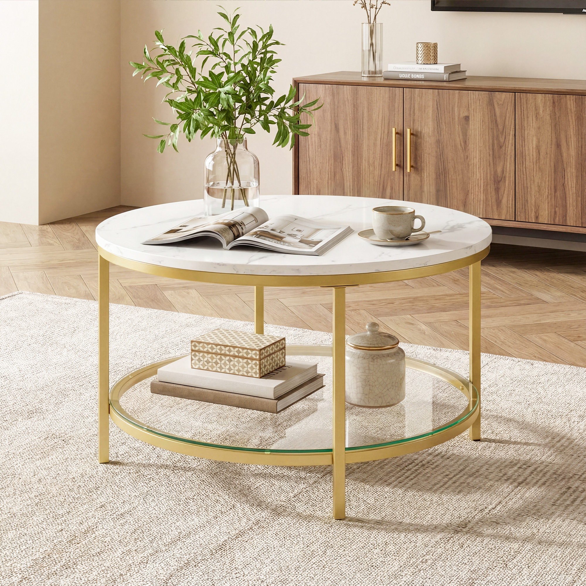 Wrought Studio™ Marble Round Coffee Table with Glass for Living Room, 2 ...