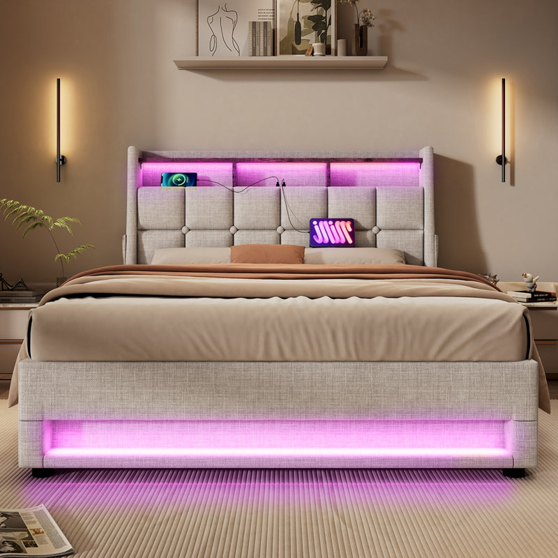 Lit plateforme tapissier double avec système de rangement hydraulique, chargement DEL et USB (sans matelas), Brun