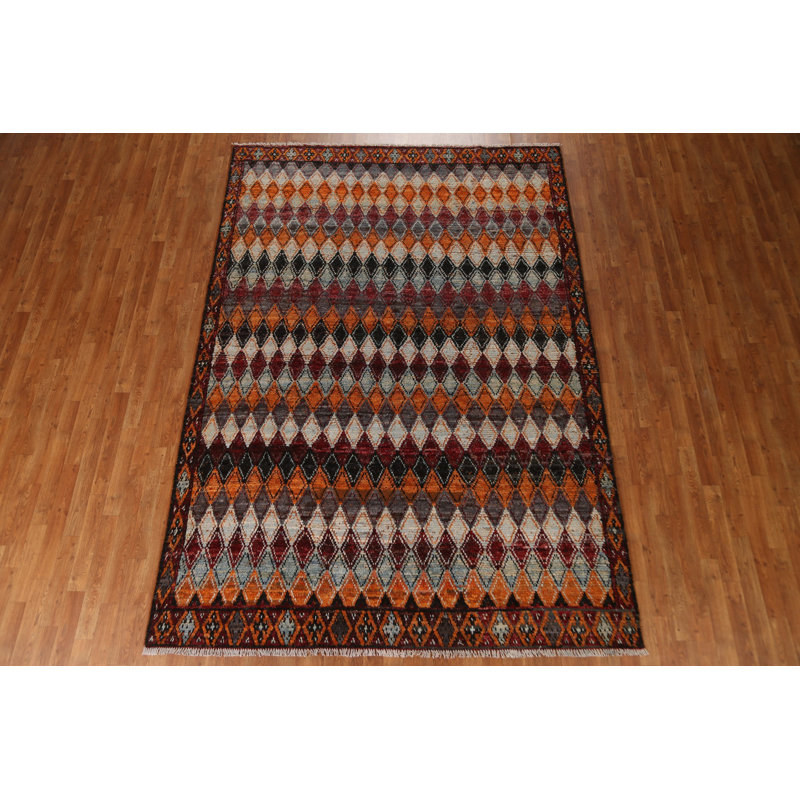 One-of-a-Kind 6'11" x 9'10" New Age Rectangle Wool Area Rug in Black and Orange