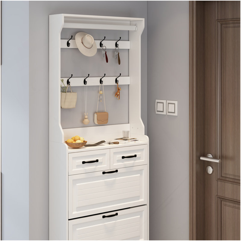 NEW White Color Shoe Cabinet  With 3 Doors 2 Drawers With Hanger,Large Space For Storage, White