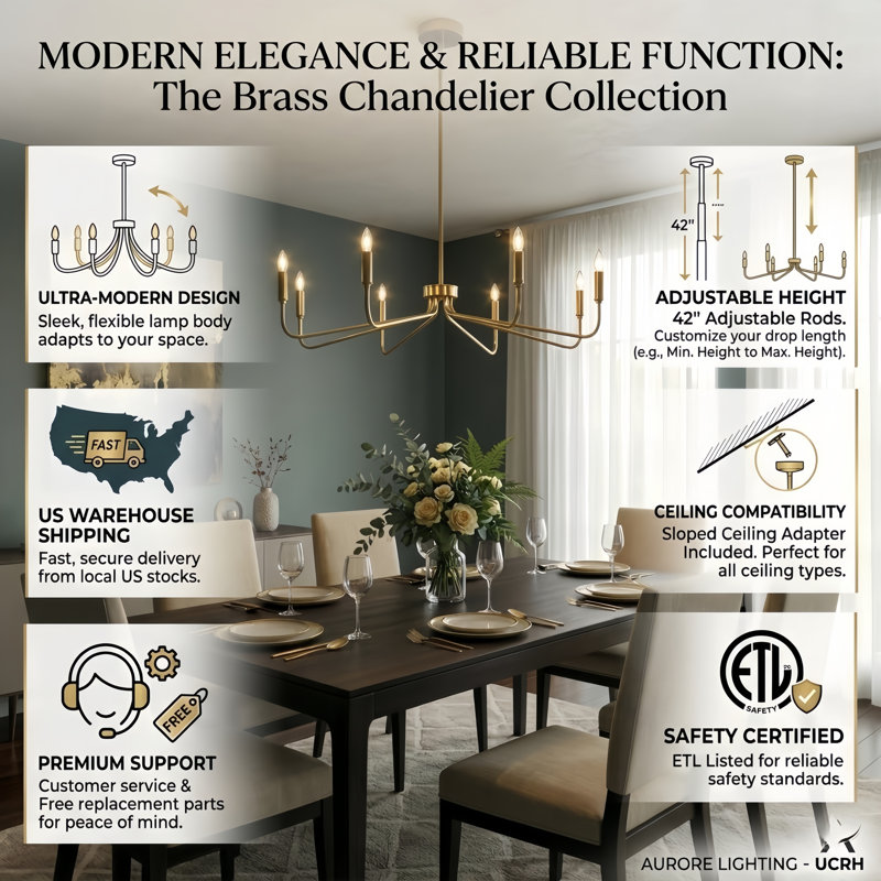8 - Light 38"W Dimmable Classic/Traditonal Candle Style Polished Brass Chandelier for Kitchen Island., Polished Brass