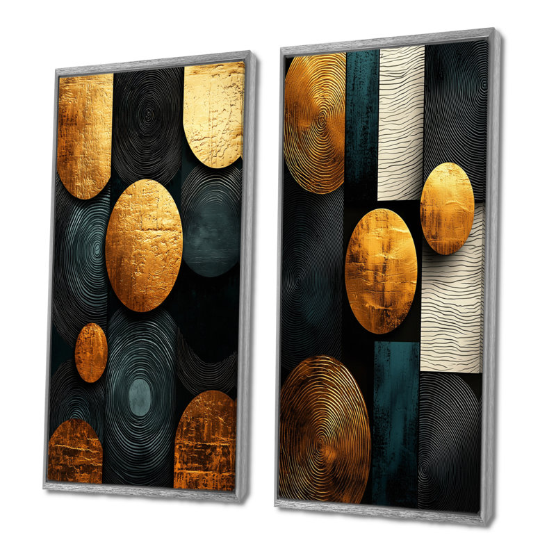 Formes géométriques essentielles I, décorations géométriques abstraites, 2 pièces, H 32 po x l 33 po, Encadrement argenté