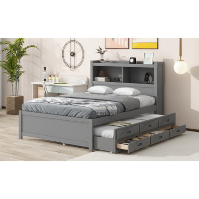 Lit plateforme double avec lit gigogne, tiroirs et prises USB, gris