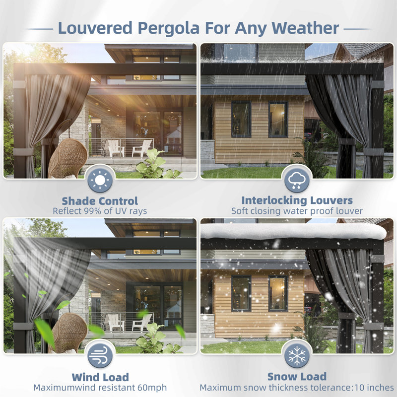 Aluminum Pergola with Adjustable Louvered Roof Waterproof Curtains and Nets, 16 Ft. W x 12 Ft. D