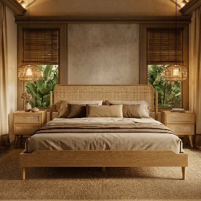 Ariston King Platform Bed with Handwoven Natural Rattan Headboard – Oak Veneer, Solid American Oak Legs, Relaxed Luxury Design, Silent Slats, Effortless Assembly, King – Light Oak