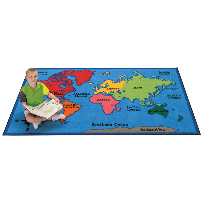 World Map Geography KID$Value Plus Tufted Blue Area Classroom Rug, Rectangle 6' x 9'