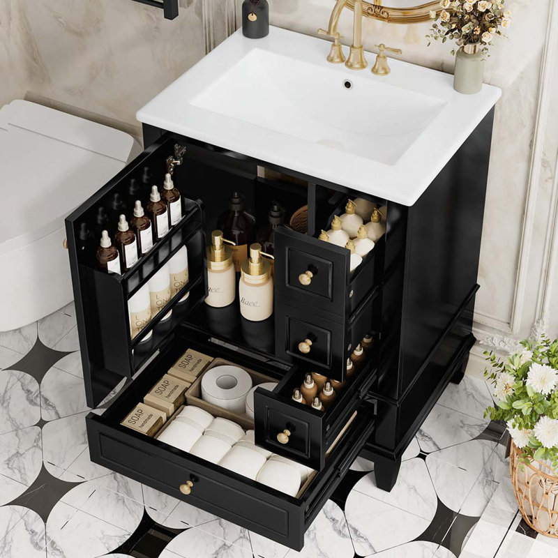 Meuble-lavabo 24 po avec lavabo en céramique, Noir et or