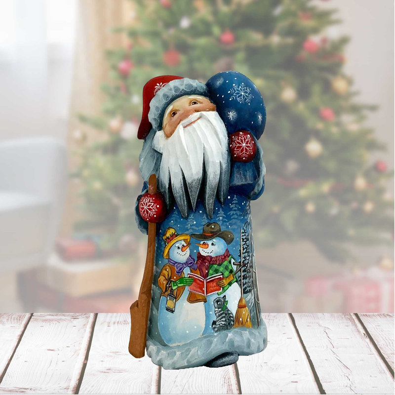 Masterpiece Wood Carved Snowman Santa Little Helprs Figurine