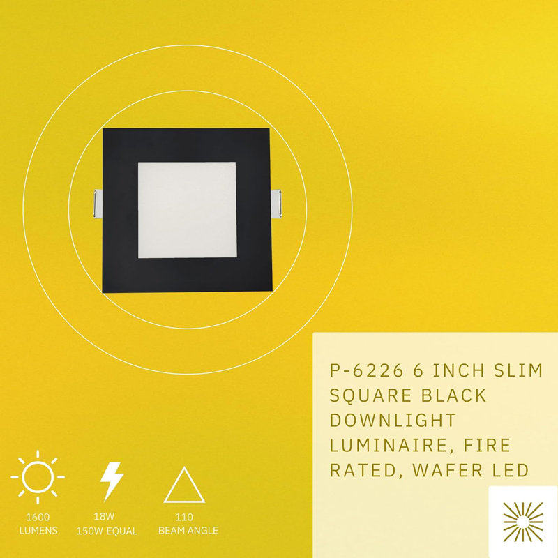 Perlglow 6" Square Brushed Brass 18W ‎1600 Lumens 5CCT Slim Light, Black