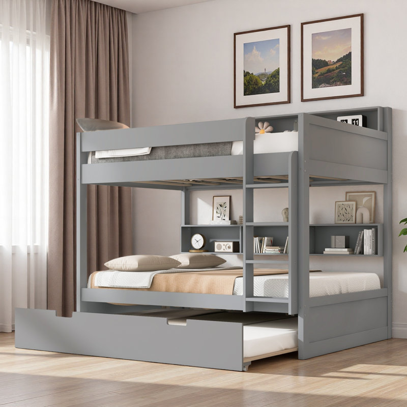 Lit superposé avec lit gigogne et rangement intégré, Gris, Simple sur simple