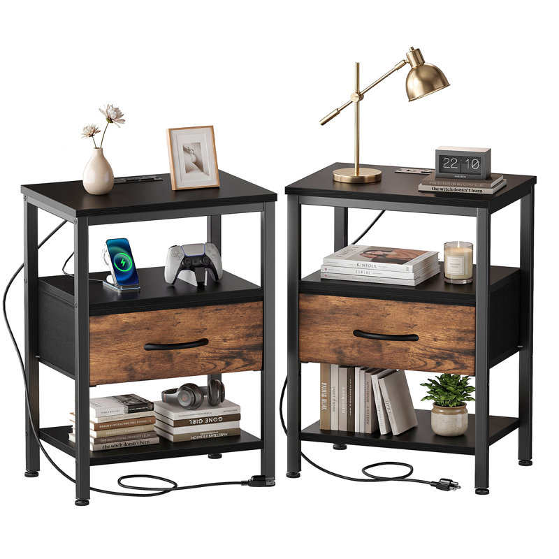 Nightstand with Built-in Charging Station, Bedside Table with Adjustable Fabric Drawer and 3-Tier Storage End Table, Set of 2