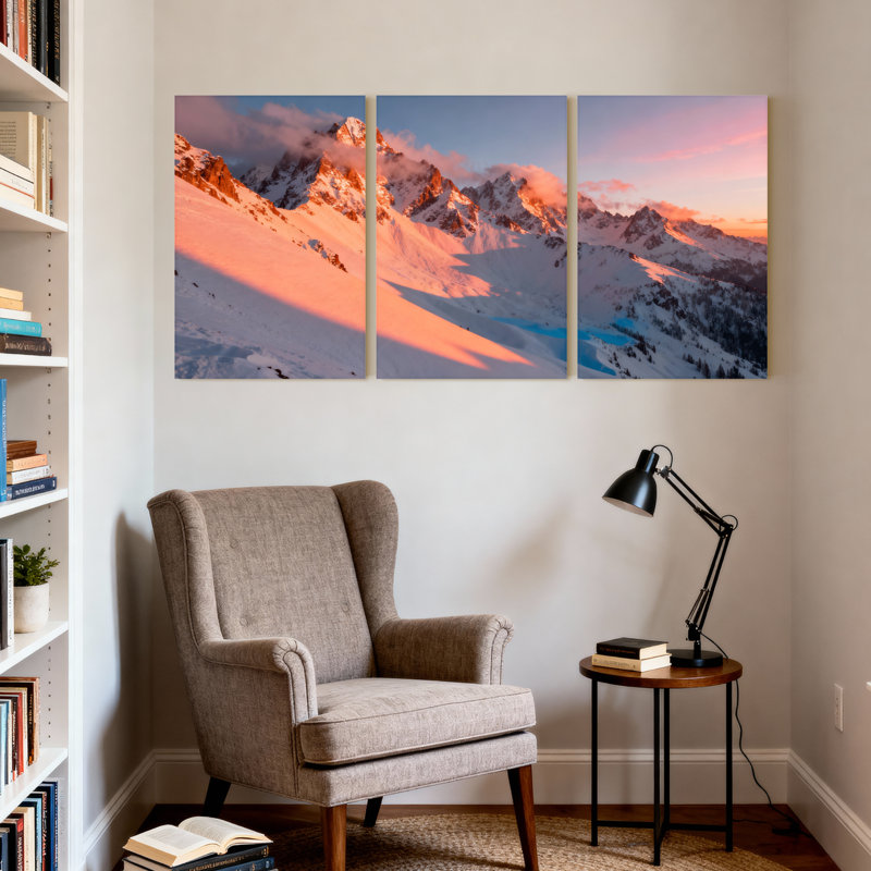Scénario et paysages urbains, coucher de soleil sur la montagne, neige, sommets, nuages, réflexion du ciel, ensemble de 3 impressions sur toile
