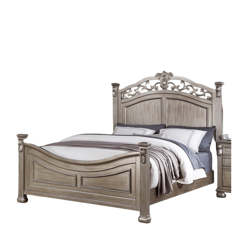 Cadre de lit avec tête de lit de conception formelle et traditionnelle en argent antique, Grand lit
