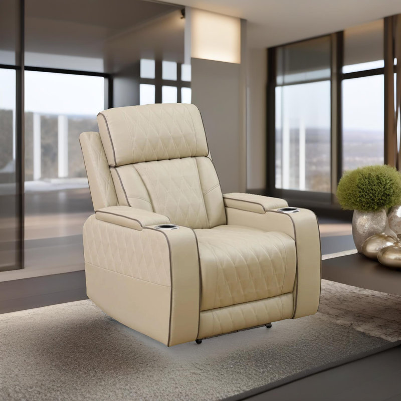 Fauteuil inclinable en cuir Sterling vegan beige avec porte-gobelets et lumières DEL