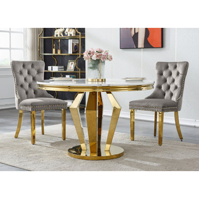 Round Dining Table Set, Faux Marble Dining Table & Velvet Chairs with Stainless Steel Pedestal, 44.88" Dining Room Table and Chairs Set, Luxury Circle Dining Table Set