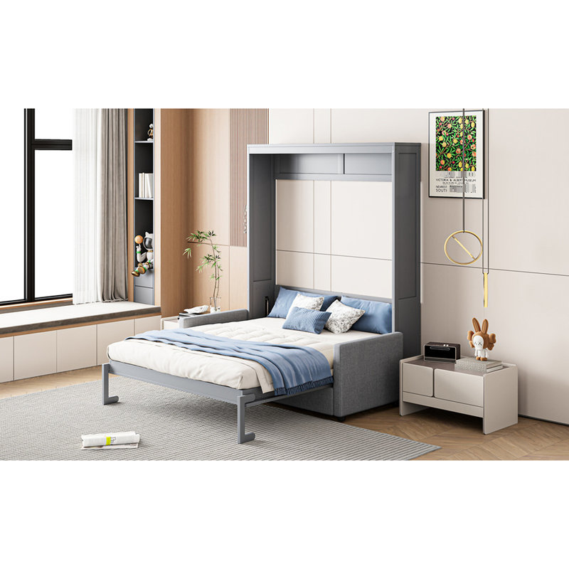 Lit double en gris, lit multifonctionnel, espace de couchage confortable, cachette facile à utiliser