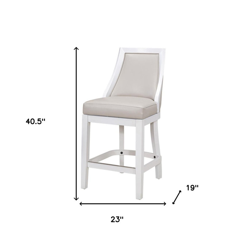 White and Gray Faux Leather Swivel Bar Chair with Solid Wood Frame