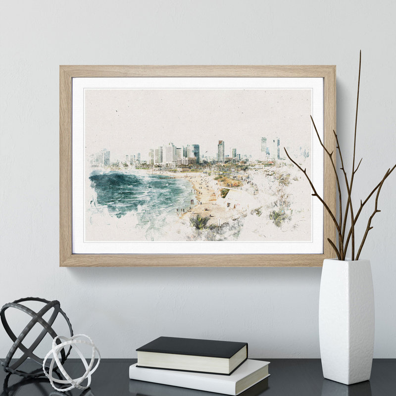 Tel Aviv Israel Skyline - Picture Frame Painting Print, 62cm H x 87cm W x 2cm D, Oak Framed
