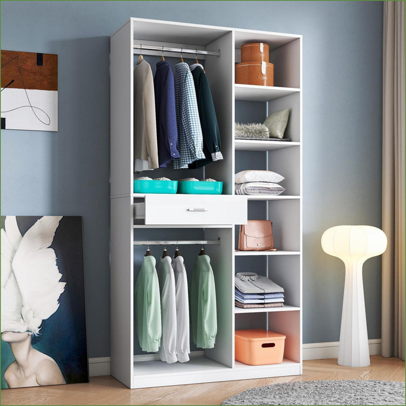 Système de placard autoportant, garde-robe blanche de 40 po x 74,8 po avec 6 tablettes, 2 tringles de suspension et amp; 1 tiroir | Panneau de particules et panneau de fibres à densité moyenne