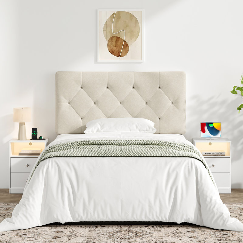 Tête de lit tapissier à hauteur réglable , Beige, Lit simple