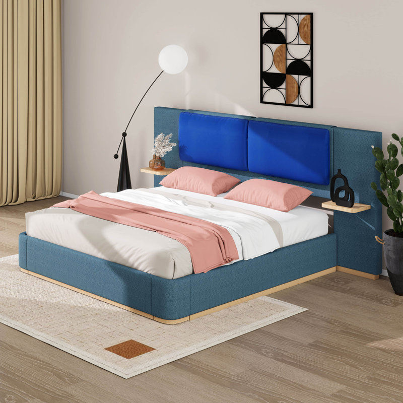 Très grande base de lit tapissier avec très grand lit, tête de lit à panneau moderne avec coins arrondis anti-collision, lattes en bois massif