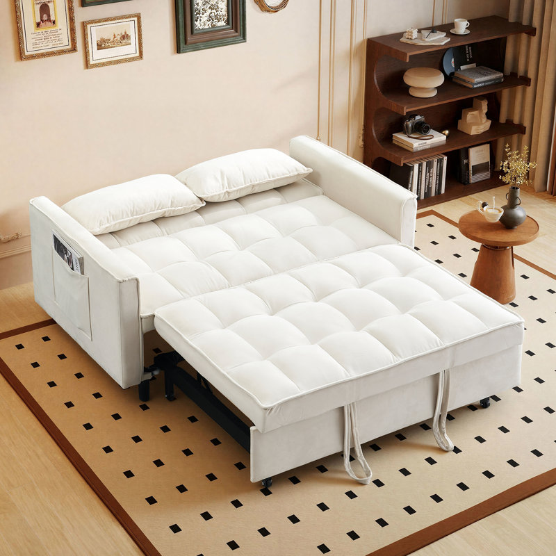55'' Velvet Upholstered Reclining Convertible Sleeper Pull Out Sofa Bed with Side Storage Pockets, Multi-Functional Adjustable Backrest Couch