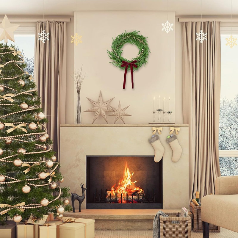 Couronne de Noël en pin Norfolk - Pin artificiel Real-Touch avec cèdre, nœud en velours rouge, décoration intérieure / extérieure