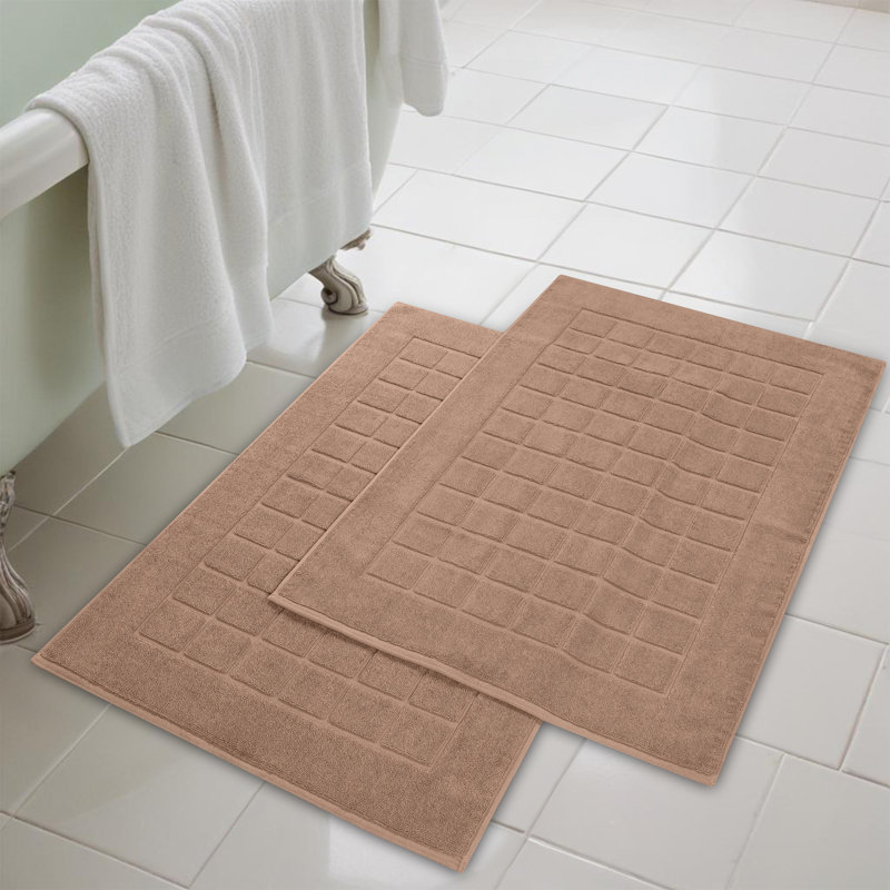 Nora Cotton Terry Solid Absorbent Thick Checkered Washable 2 Piece Bath Mat Set, Toast