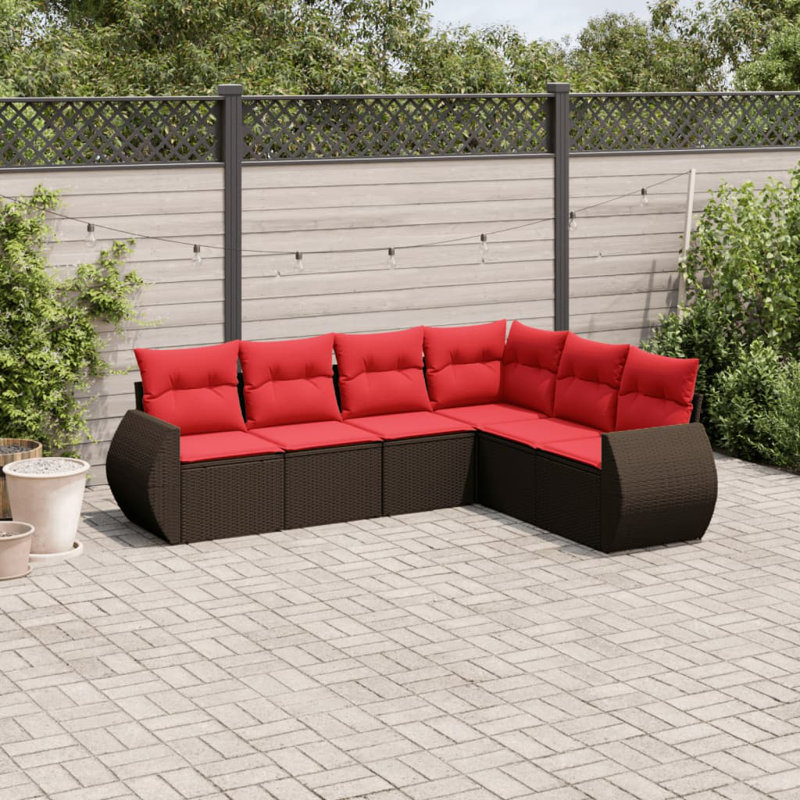 Ensemble de canapé de patio 7 pièces avec coussins en rotin de polyester noir, Coussin rouge / cadre brun