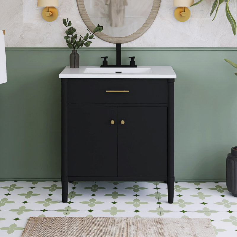 Meuble-lavabo autoportant 31 po avec comptoir en céramique 31 po, Noir / or mat