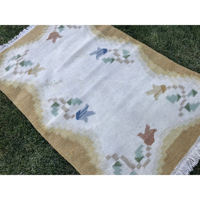 Tapis Oushak rétro fait à la main - authentique kilim turc avec décor de laine bohémienne