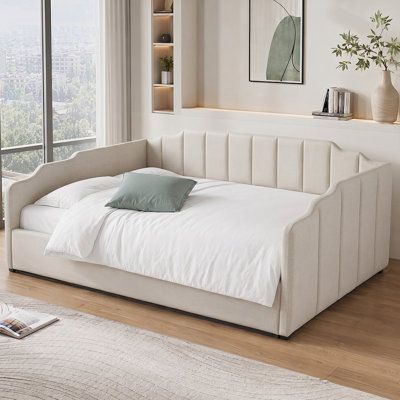 Lit de jour rembourré en lin avec rangement spacieux sous le lit, structure double en bois massif durable