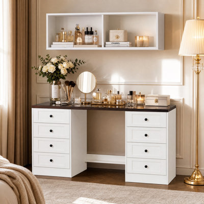 Makeup Vanity Set With Wall Mounted Shelves + 8-Drawer Vanity Desk | Storage, Workspace & Style