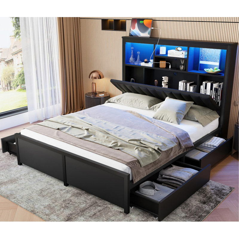 Queen Bed Frame With High Storage Headboard, Bed Frame With Led Light And Charging Station