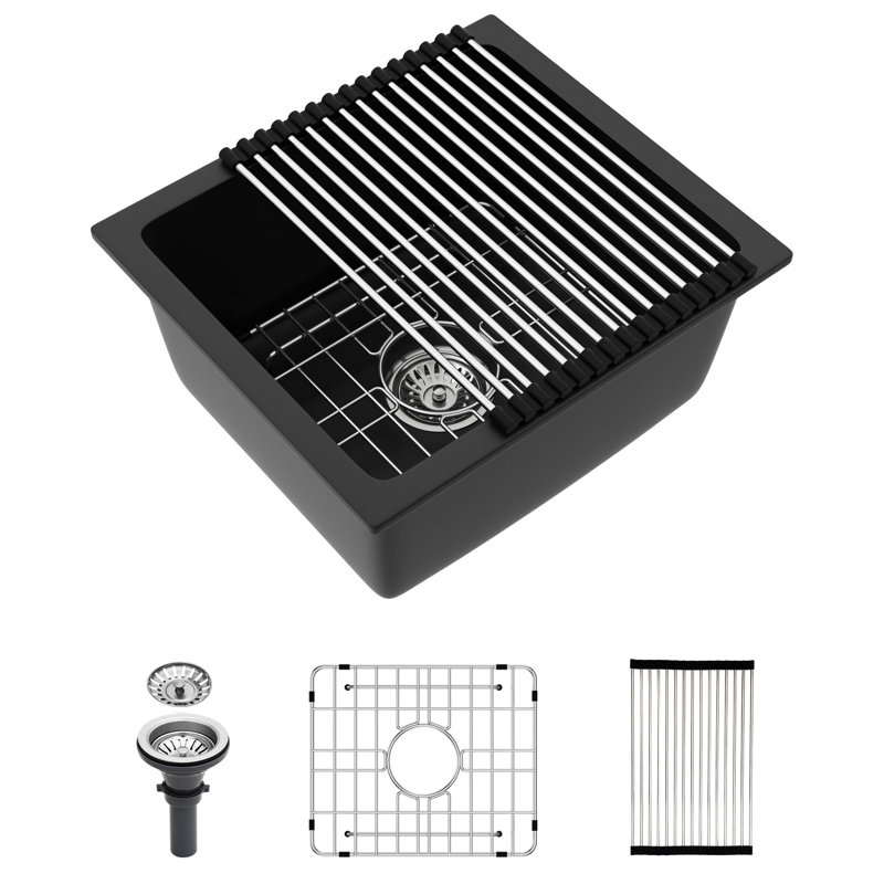 Black Quartz Undermount Kitchen Sink 17.6"X15.5" - Advanced Composite For A Stable Sink, Eliminates Noise And Dirt, Non Porous Cleaner Surfaces, Rounded Design, Comes With Guide Bottom Grid Granite