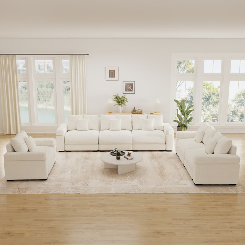 Ensemble de salon modulaire de 6 pièces, canapé d'angle moderne en velours côtelé avec canapé, causeuse et fauteuil, Blanc