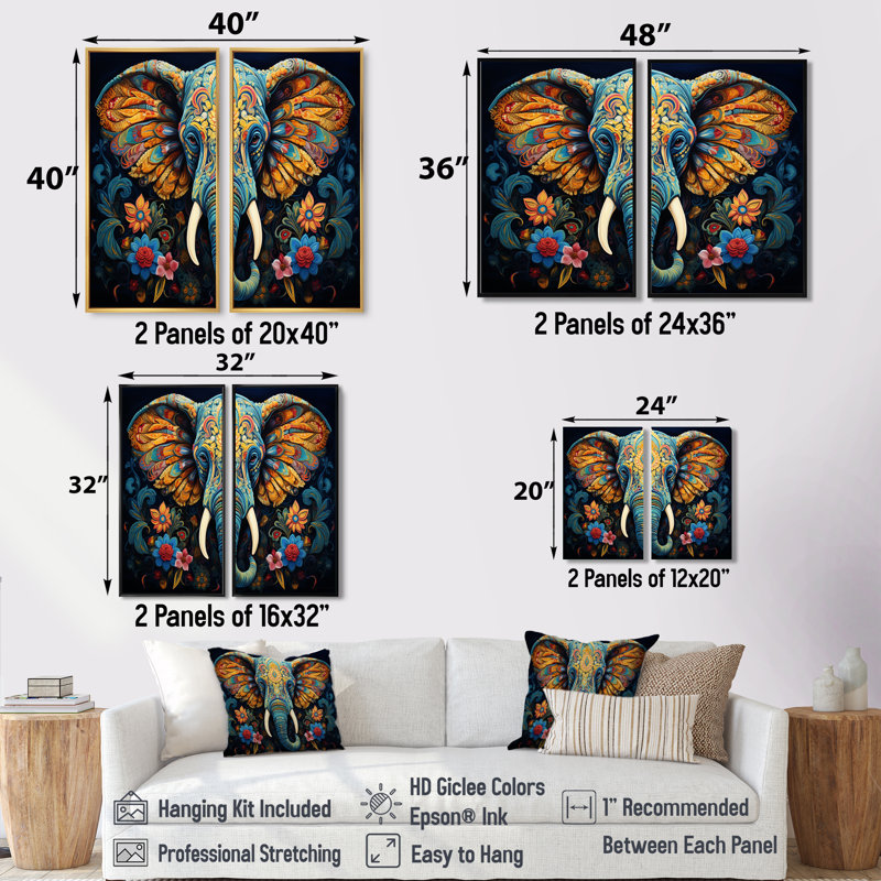 Teal Elephant Legacy - ensemble d'art mural moderne multicolore de 2, Black, 36" H x 48" W, Impression encadrée flottante