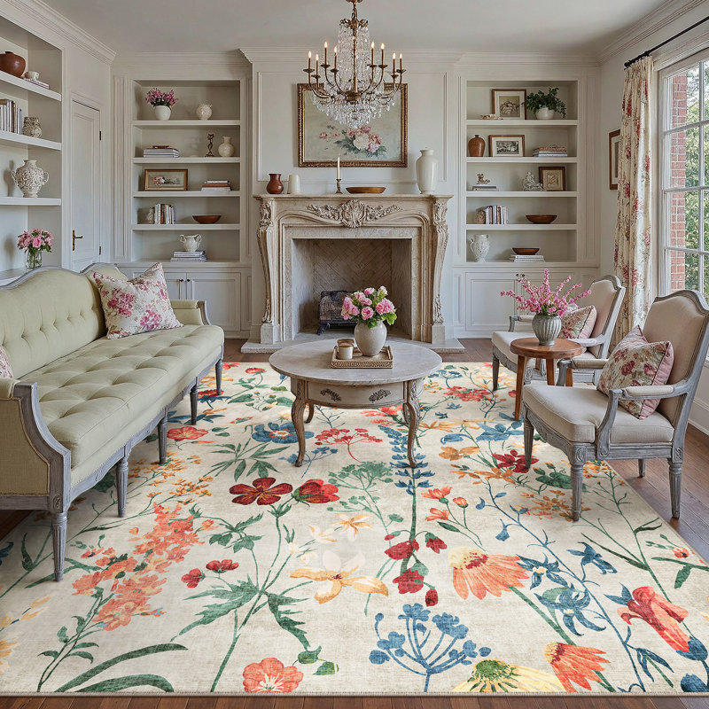 Cherry Machine Washable Floral Area Rug With Non-Slip Backing, Rectangle 9' x 12', Beige