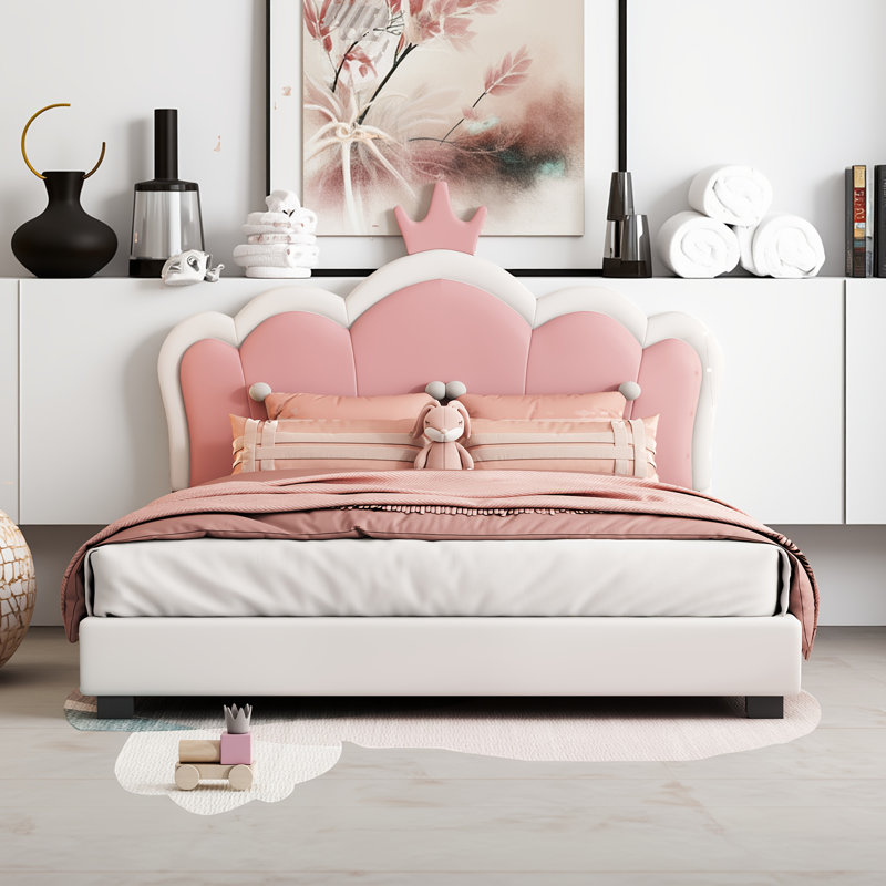Lit double pleine grandeur avec tête de lit couronne et lit plateforme tapissier pu rose et crème